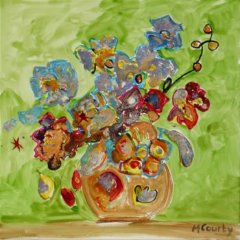 Painting titled "Vase d'orchidees" by Myriam Courty, Original Artwork, Acrylic Mounted on Wood Stretcher frame