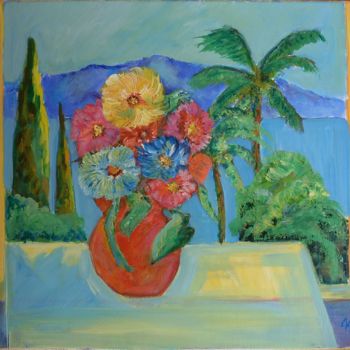 Peinture intitulée "Fleurs vue mer" par Myriam Courty, Œuvre d'art originale, Acrylique Monté sur Châssis en bois