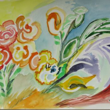 Peinture intitulée "fleurs et feuillage…" par Myriam Courty, Œuvre d'art originale, Aquarelle