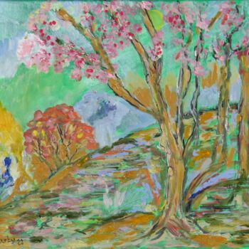 Schilderij getiteld "Cerisier en fleurs" door Myriam Courty, Origineel Kunstwerk, Olie Gemonteerd op Frame voor houten branc…