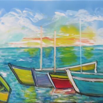 Painting titled "les cinq barques" by Myriam Courty, Original Artwork, Acrylic Mounted on Wood Stretcher frame
