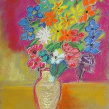 Painting titled "vase fleurs de prin…" by Myriam Courty, Original Artwork, Pastel