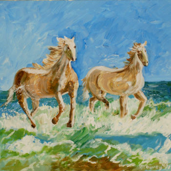 Painting titled "Chevaux de Camargue" by Myriam Courty, Original Artwork, Acrylic Mounted on Wood Stretcher frame