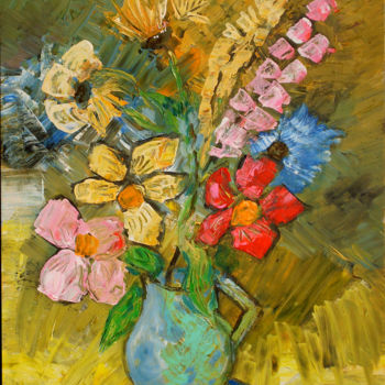 Painting titled "Fleurs dans un pot…" by Myriam Courty, Original Artwork, Oil Mounted on Wood Stretcher frame