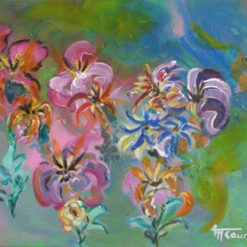 Painting titled "Orchidées et lys" by Myriam Courty, Original Artwork, Acrylic Mounted on Wood Stretcher frame