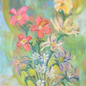 Painting titled "Fleurs variées" by Myriam Courty, Original Artwork, Acrylic Mounted on Wood Stretcher frame