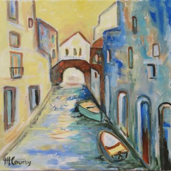 「Promenade à Venise」というタイトルの絵画 Myriam Courtyによって, オリジナルのアートワーク, アクリル ウッドストレッチャーフレームにマウント
