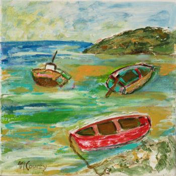 Pintura intitulada "Les trois barques" por Myriam Courty, Obras de arte originais, Acrílico Montado em Armação em madeira