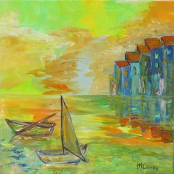 Peinture intitulée "Soir sur le port" par Myriam Courty, Œuvre d'art originale, Acrylique Monté sur Châssis en bois