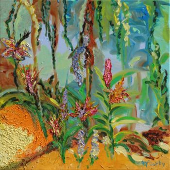 Schilderij getiteld "Jardin exotique" door Myriam Courty, Origineel Kunstwerk, Acryl Gemonteerd op Frame voor houten brancard