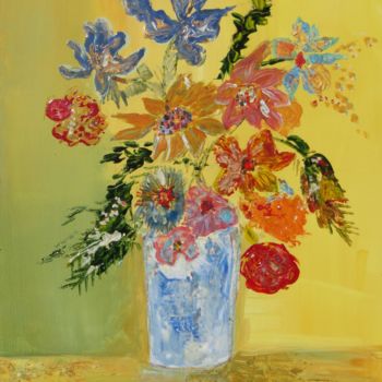 Painting titled "Fleurs dans un vase…" by Myriam Courty, Original Artwork, Acrylic Mounted on Cardboard