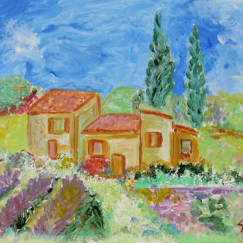 Painting titled "Paysage provencal" by Myriam Courty, Original Artwork, Acrylic Mounted on Cardboard