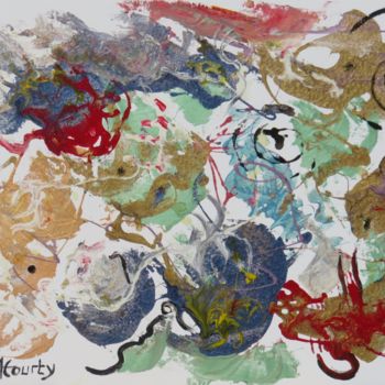 「Dragons」というタイトルの絵画 Myriam Courtyによって, オリジナルのアートワーク, エナメル 段ボールにマウント