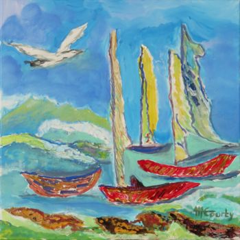 Schilderij getiteld "Barques dans le vent" door Myriam Courty, Origineel Kunstwerk, Acryl