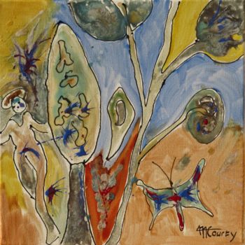 Ζωγραφική με τίτλο "Songes" από Myriam Courty, Αυθεντικά έργα τέχνης, Βιτρό ζωγραφική Τοποθετήθηκε στο Ξύλινο φορείο σκελετό