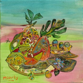 Malerei mit dem Titel "Corbeille de fruits" von Myriam Courty, Original-Kunstwerk, Acryl Auf Keilrahmen aus Holz montiert