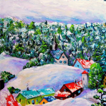 Painting titled "Village enneigés I…" by Jean Cousineau, Original Artwork, Acrylic