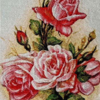 Textilkunst mit dem Titel "Roses" von Cozy Corner, Original-Kunstwerk, Stickerei Auf Keilrahmen aus Holz montiert