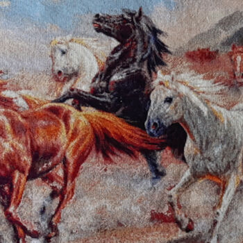 Textile Art titled "Horses" by Cozy Corner, Original Artwork, Embroidery Mounted on Wood Stretcher frame