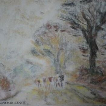 Desenho intitulada "Cattle in the Mist" por Colette Pennarun, Obras de arte originais