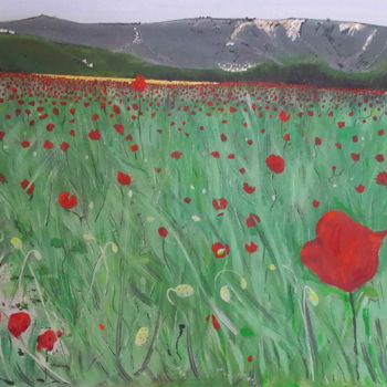 Malerei mit dem Titel "Poppy field of W Hi…" von Roachie - The Gallipoli Artist, Original-Kunstwerk, Acryl