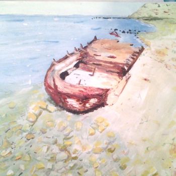 Painting titled "The barge of W Beach" by Roachie - The Gallipoli Artist, Original Artwork, Acrylic
