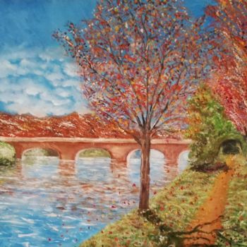 Painting titled "Autunno sul fiume" by Kiko Cristoni, Original Artwork, Oil Mounted on Wood Panel