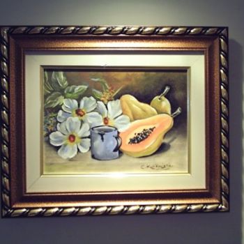 Pintura intitulada "Mamão e flores." por Cristina Kolikoviski -Cris, Obras de arte originais, Óleo