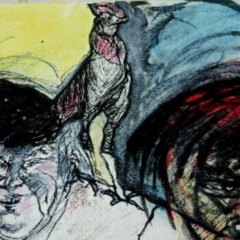 Disegno intitolato "Viejo con gallos" da Cristina Vidal, Opera d'arte originale