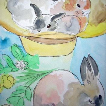 Painting titled "LAPINS   RABBITS" by Lodya, Original Artwork, Oil