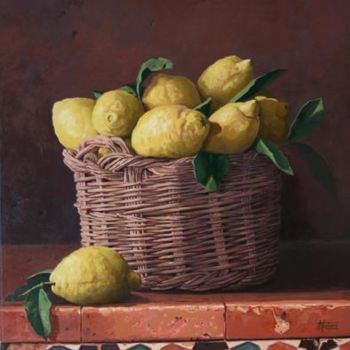 Painting titled "Canasto con limones" by Antonio Cubero Jiménez, Original Artwork