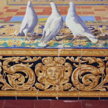 Pintura titulada "Tres palomas en la…" por Antonio Cubero Jiménez, Obra de arte original