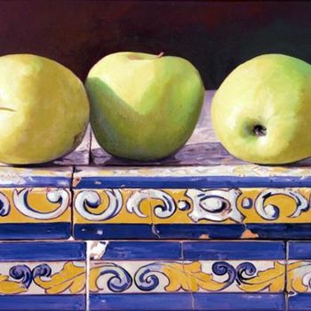 Pintura titulada "manzanas con azulej…" por Antonio Cubero Jiménez, Obra de arte original