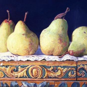 Painting titled "peras con azulejos" by Antonio Cubero Jiménez, Original Artwork