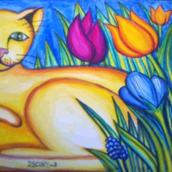 Peinture intitulée "Le chat dans la pla…" par L'Homme Aux Pieds De Caoutchouc, Der Man, Œuvre d'art originale