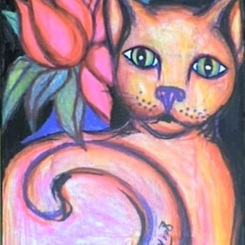Peinture intitulée "Le chat intrigué" par L'Homme Aux Pieds De Caoutchouc, Der Man, Œuvre d'art originale