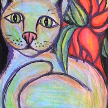 Peinture intitulée "Le chat melancolique" par L'Homme Aux Pieds De Caoutchouc, Der Man, Œuvre d'art originale, Huile