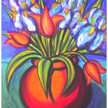 Painting titled "Iris et tulipes en…" by L'Homme Aux Pieds De Caoutchouc, Der Man, Original Artwork