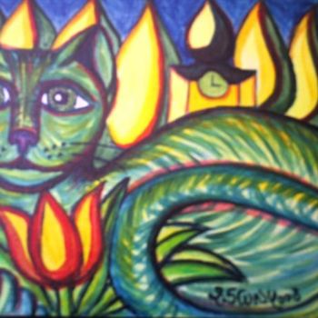 Painting titled "Le chat vert" by L'Homme Aux Pieds De Caoutchouc, Der Man, Original Artwork