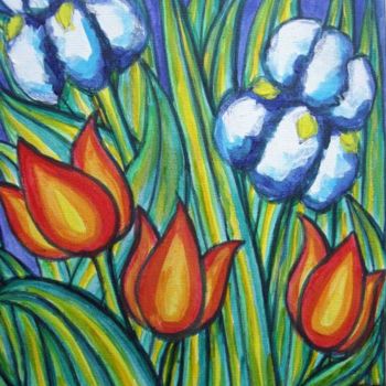 Peinture intitulée "Iris et tulipes" par L'Homme Aux Pieds De Caoutchouc, Der Man, Œuvre d'art originale