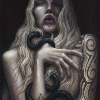 Peinture intitulée "Serpent Witch" par Curst Insanum, Œuvre d'art originale, Huile Monté sur Châssis en bois