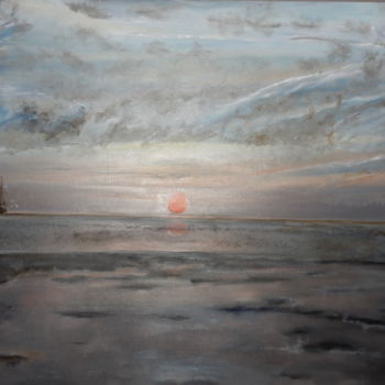 Painting titled "Green beach sunset" by Chandani Deepika, Original Artwork, Oil