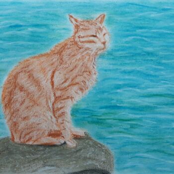 Painting titled "Cat at the sea" by Cybele Chaves, Original Artwork, Pastel