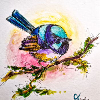 Drawing titled "Oiseau dodu bleu" by Cynthia Dormeyer, Original Artwork, Watercolor