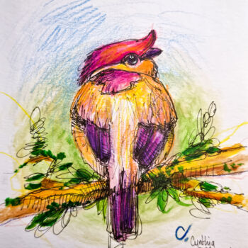 Рисунок под названием "Oiseau dodu jaune" - Cynthia Dormeyer, Подлинное произведение искусства, Акварель