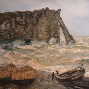 Schilderij getiteld "Etretat copie Monet" door Cyriaque Millet, Origineel Kunstwerk, Olie