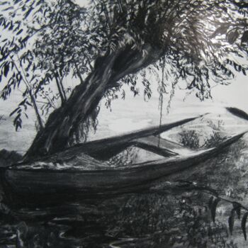 Drawing titled "Fusain - barque sur…" by Cyriaque Millet, Original Artwork, Charcoal