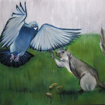 Painting titled "Pigeon vs squirrel" by Cyril Harris, Original Artwork, Oil