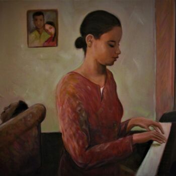 Schilderij getiteld "Piano girl" door Cyril Harris, Origineel Kunstwerk, Olie