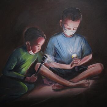 Painting titled "Boys in light 2" by Cyril Harris, Original Artwork, Oil